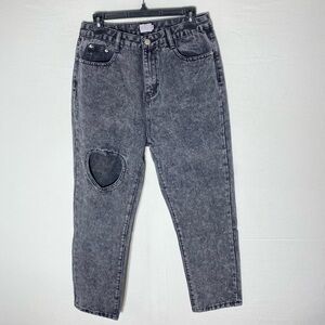 Tal Clothing Acid Wash Black High Rise Cropped Jeans W Heart Cutout 30
